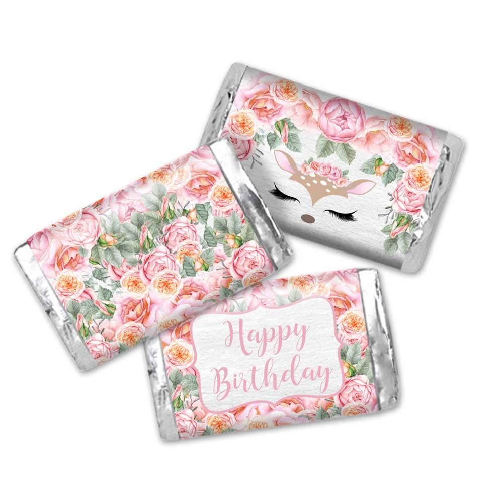 Oh Deer Woodland & Watercolor Floral Themed Birthday Party Mini Chocolate Candy Bar Sticker Wrappers for Kids, 45 1.4" x 2.6" Wrap Around Labels by