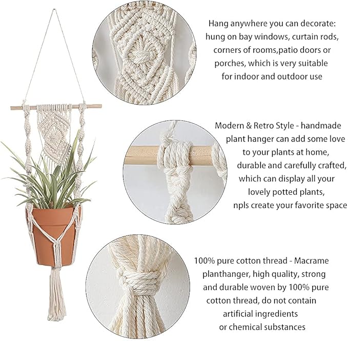 Boho Macrame Plant Hangers - Handmade Hemp Rope Hanging Baskets for Plants with Ceiling Hooks, Bohemian Home Decor Wall Art