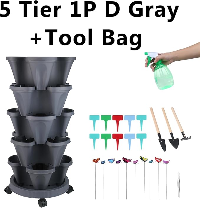 Vertical Planter, 5 Tier Stackable Strawberry Planter with Garden Tool Set, Movable Indoor/Outdoor Garden Herb Pot for Growing Vegetables and Succulents, Dark Gray