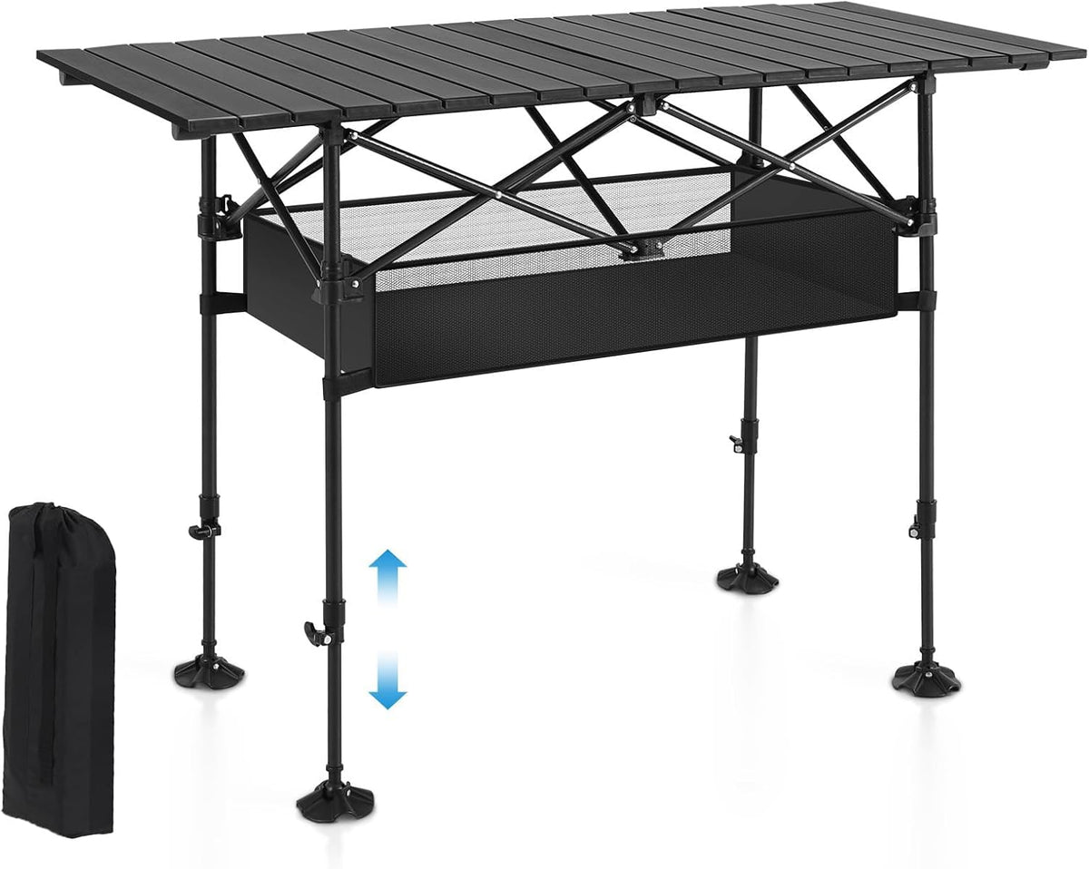 ALPHA CAMP Folding Camping Table, Portable Roll-up Table with Adjustable Height, Large Storage Bag and Carrying Bag, Tall Aluminum Table for Indoor & Outdoor Picnic BBQ Backyards Beach