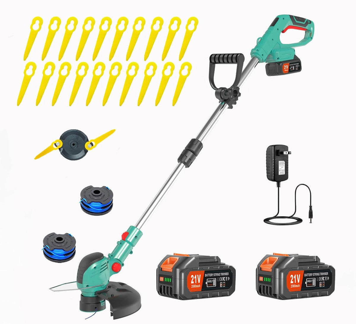 Electric Weed Wacker Cordless,21V Electric Weed Cordless Eater Battery Powered with 2 x 4.0Ah Batteries, 3-in-1 Grass Trimmer/Edger/Brush Cutter, String Trimmer, Adjustable Shaft