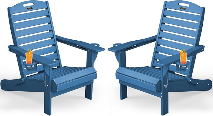 Adirondack Chairs Set of 2, Outdoor Fire Pit Chairs, HDPE All-Weather Adirondack Chairs with Cup Holder, Lawn Chair for Deck, Patio, Garden (NavyBlue)