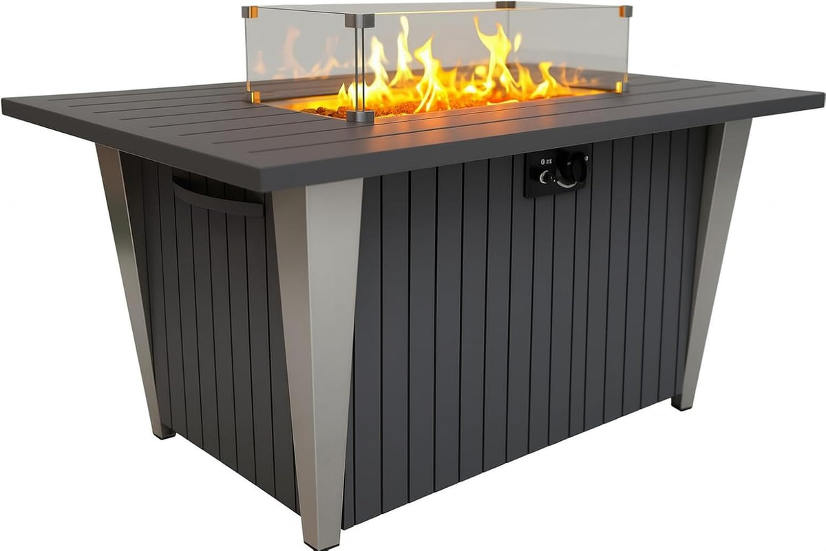 SereneLife 52 Inch Gas Fire Pit Table, 50,000 BTU Propane Pits for Outside with Steel Lid and Lava Rock, 2 in 1 Firepit Table Gatherings Parties on Patio Deck Garden Backyard