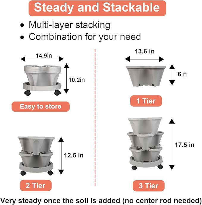 Vertical Planter 3 Tier Stackable Planters Garden Planters Strawberry Herb Flower and Vegetable Planter Indoor Outdoor Gardening Pots with Removable Wheels and Tools