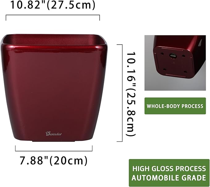 Dexceder 11x10 Self Watering Planter Indoor Outdoor, Inner Mat Design, Thickened Table Flower Plant Pot with Water Level Indicator (Red High Gloss)