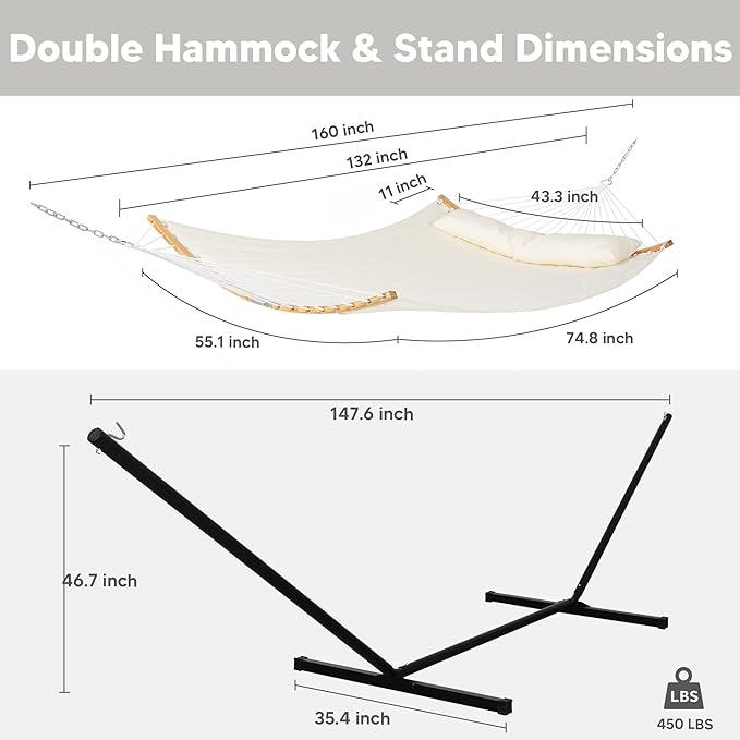 SUNCREAT Hammocks for Outside with Stand Included, Double Hammock with Curved Spreader Bar, Carrying Bag, Beige