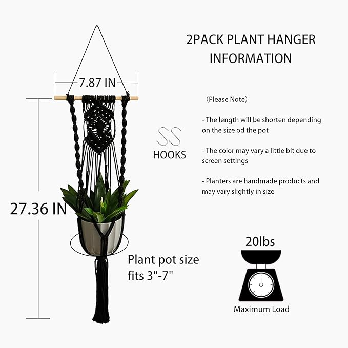 Artilady Black Plant Hanger Macrame Hanging Planter for Indoor Boho Plants Holder with Hooks Hanging Plant Basket Outdoor Window Wall Plants Home Decor