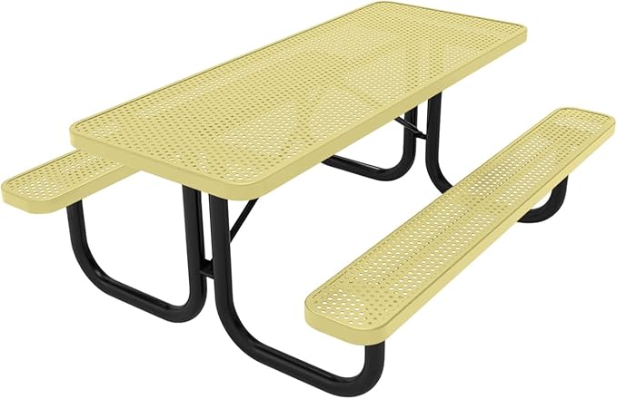 Coated Outdoor Furniture Heavy-Duty Portable Outdoor Picnic Table, Thermoplastic Coated Punched Steel Commercial-Grade Patio Dining Furniture Made in America (6ft Rectangular, Textured Sandstone)