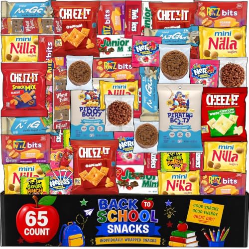 Snack Box Variety Pack, 65 Count, Back to School Care Package for Adults and Kids, Assortment of Snacks and Candy, Bulk Individually Wrapped Assorted