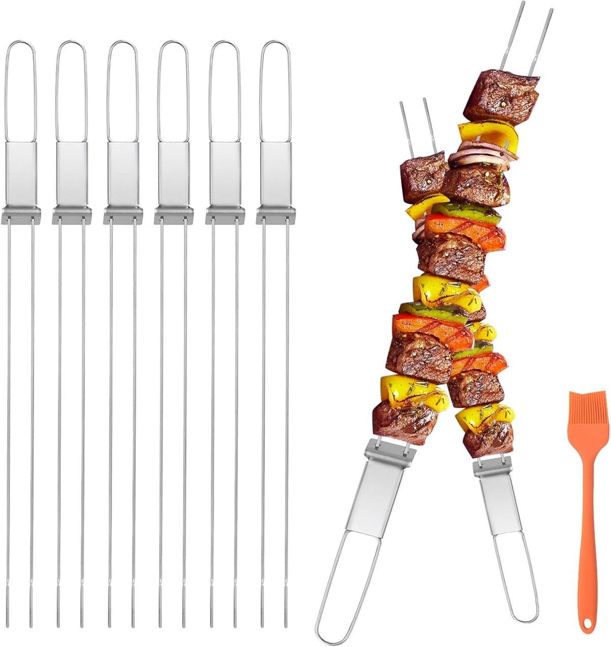 Skewers for Grilling, 17inch （6PCS）Double Fork Flat Stainless Steel Kabob Skewers with Slider, Reusable Metal BBQ Skewer for Meat, Vegetable, BBQ Accessories