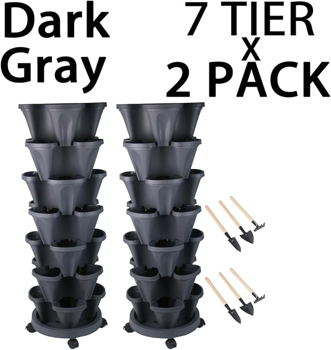 Vertical Planter 7 Tier Stackable Planters Garden Planters Strawberry Herb Flower and Vegetable Planter Indoor Outdoor Gardening Pots with Removable Wheels and Tools