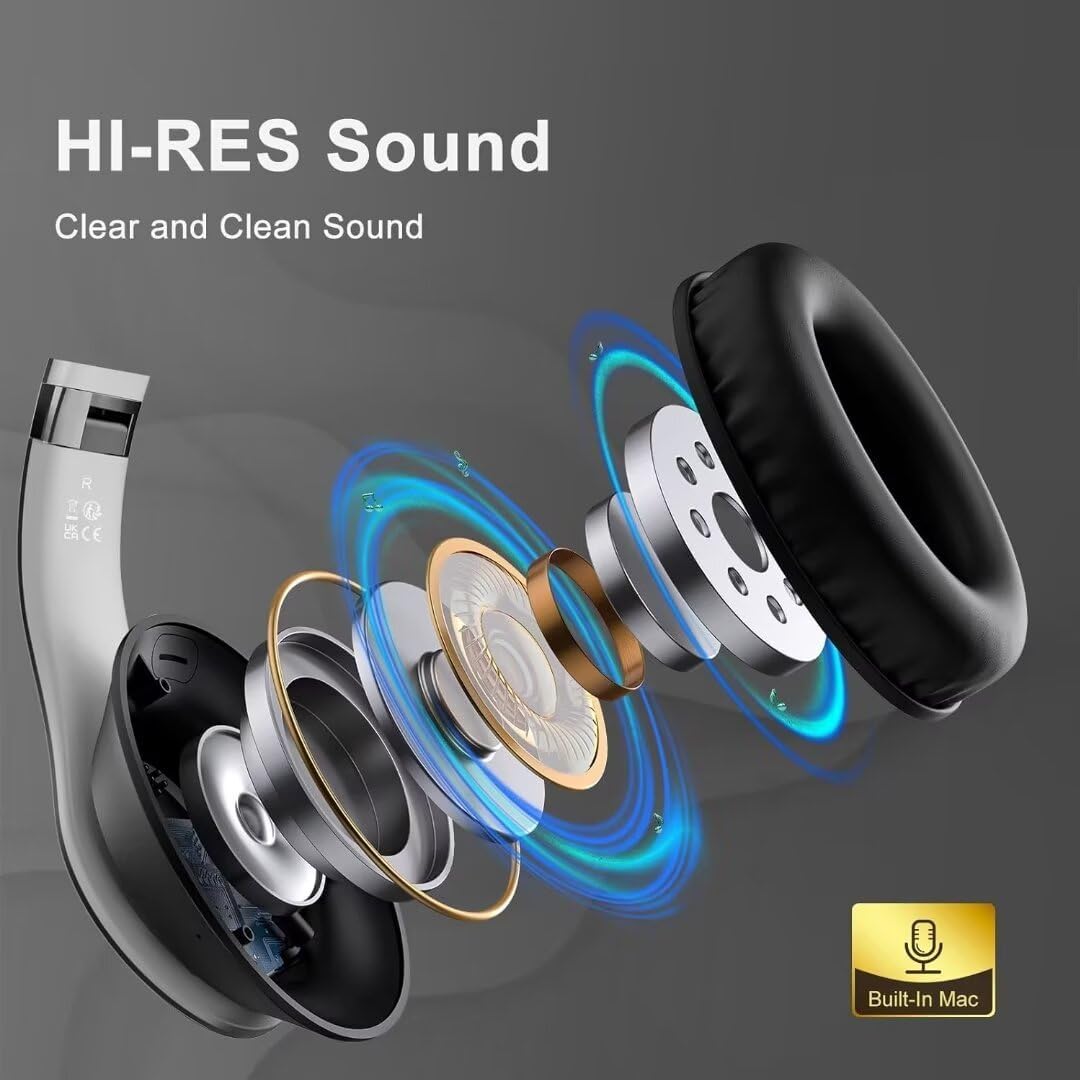 Wireless Bluetooth Headphones Over Ear, 65H Playtime HiFi Stereo Headset with Microphone and 6EQ Modes Foldable V5.3 Bluetooth Wireless Headphones for Travel Computer Laptop