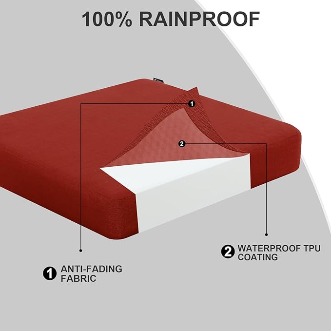 Favoyard Outdoor Chair Cushion 22 x 22 x 3 Inch Rainproof & 3-Year Fade Resistant Patio Furniture Cushions with Removable Cover and Adjustable Ties for Garden Sofa Couch Pads Set of 2, Red