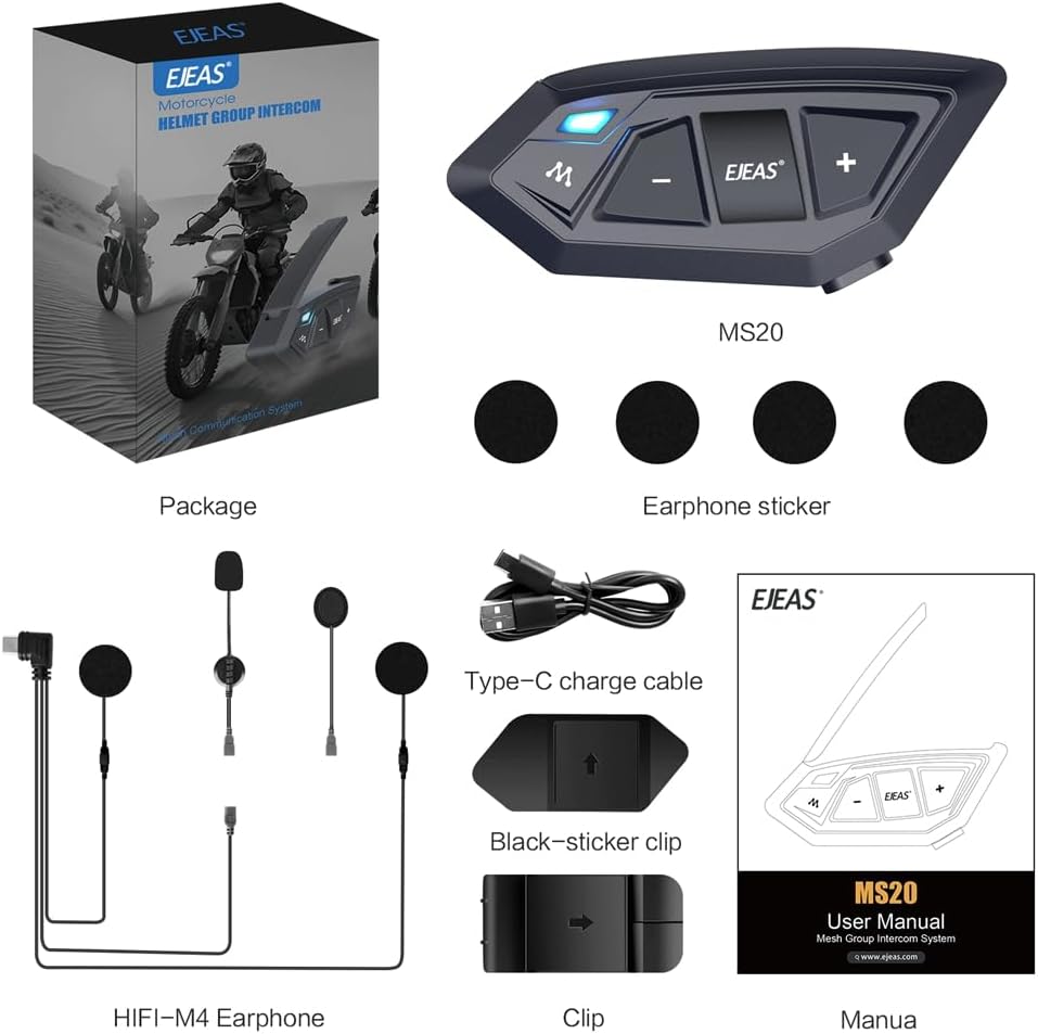 Motorcycle Bluetooth intercom MS20 2000m Helmet Intercom,20 Riders Motorcycle Bluetooth Headset,Universal Bluetooth Helmet Headset,Helmet Communication System FM/Hard &Soft Mic/1Pack