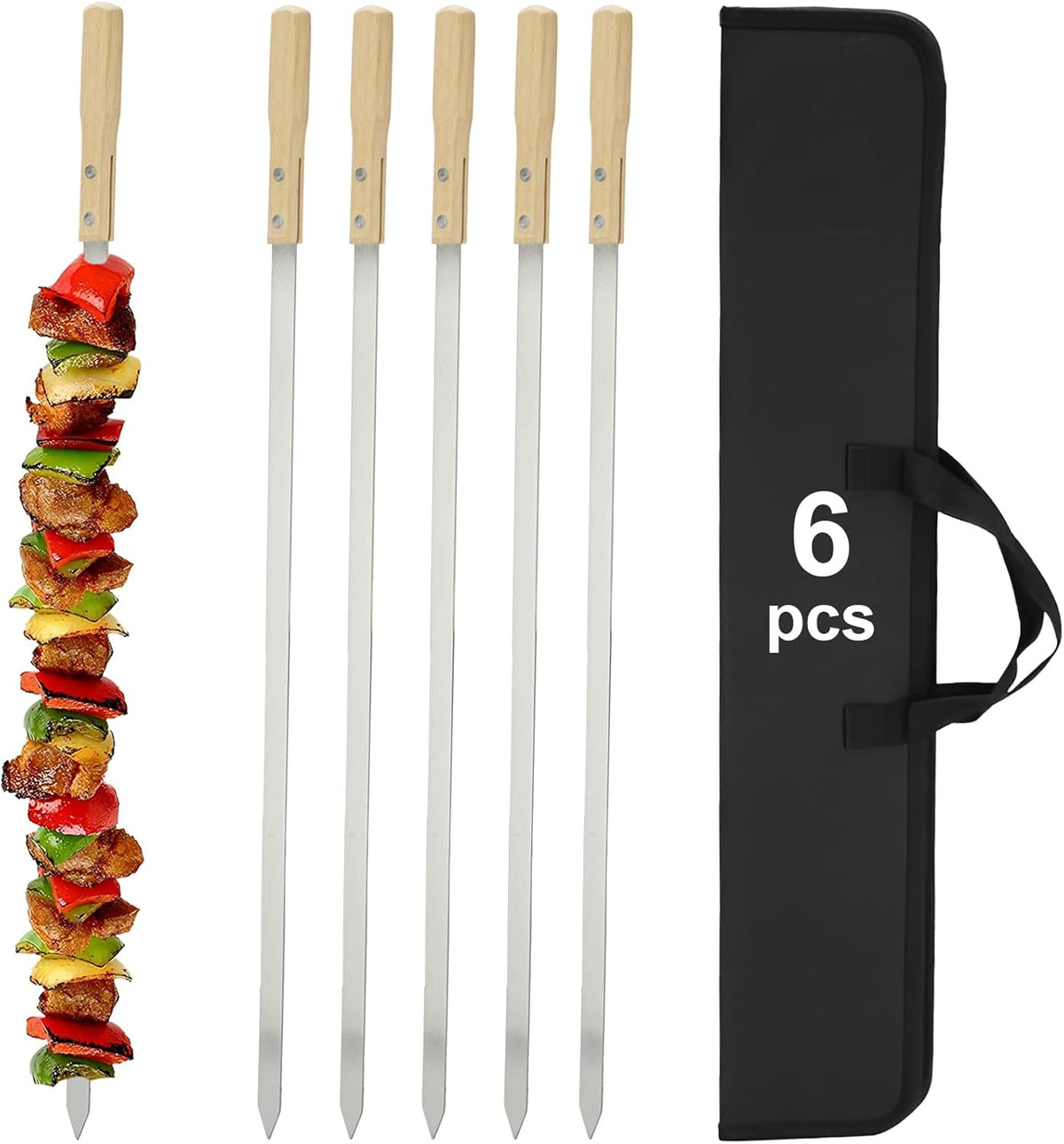 SHIKORI Kabob Skewers,BBQ Barbecue Skewers,Stainless Steel Sticks,23 Inch Heavy Duty Large Wide Reusable,with Nonslip Wooden-6 Pcs