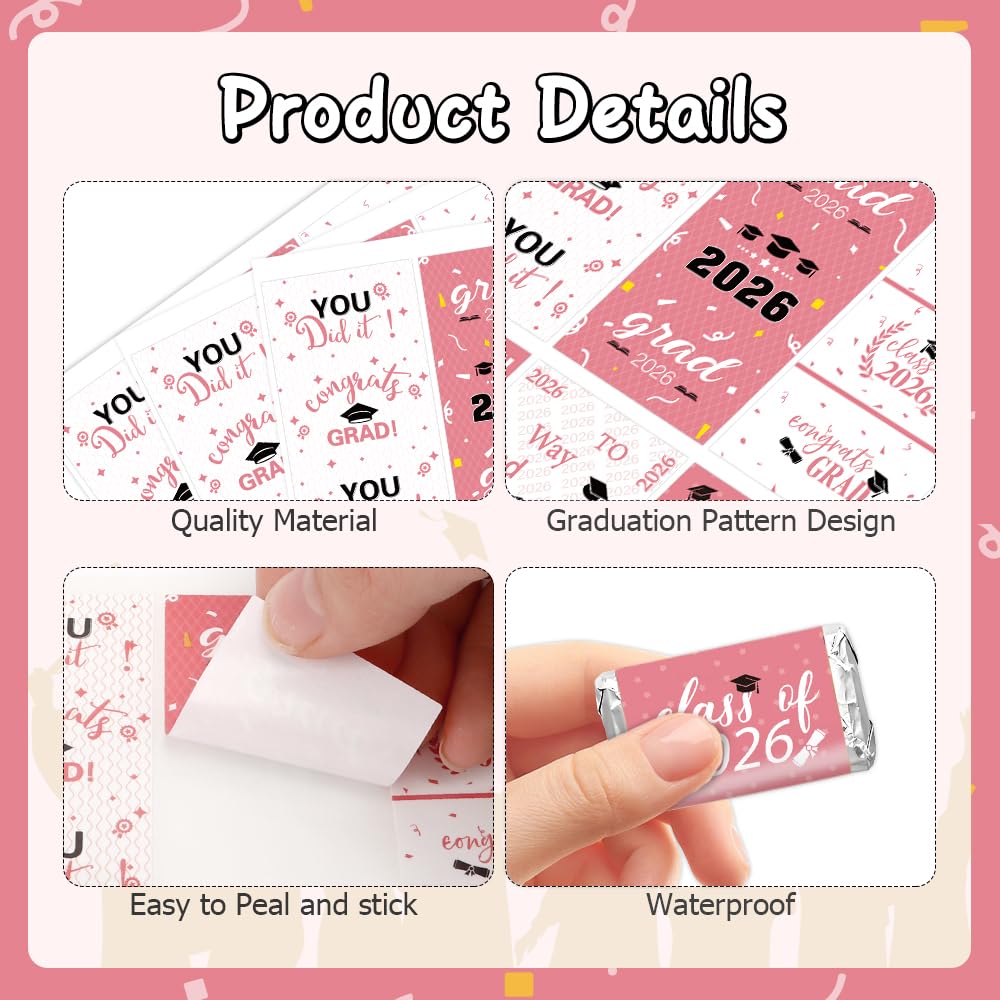 Graduation Party Decorations 2025 Graduation Label Stickers, 120PCS Congrats Grad Mini Pink White Candy Wrapper Class Of 2025 Chocolate Bar Stickers