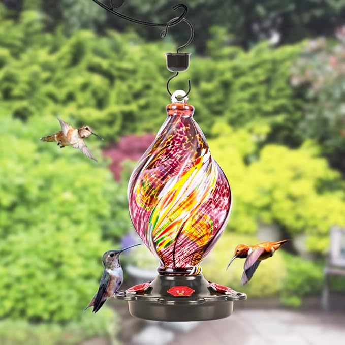 LUJII Ice Cream Shaped Spiral Hummingbird Feeder for Outdoors Hanging, Hand Blown Glass, 28 fl.oz, Leak Proof & Rustproof, Includes an Ant Moat with Hook, Unique & Stylish Glass Art & Decor (Purple)