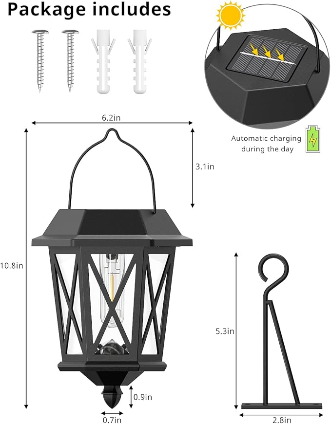 Solar Lanterns Outdoor Waterproof, Hanging Solar Lights with Glass Shade - 2 Pack LED Metal Wall Mount Outdoor Light for Yard/Garden/Patio - Black