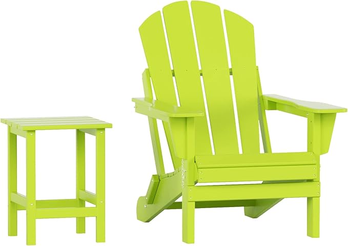 WO Home Furniture Adirondack Chair Table Set of 2 PCS Outdoor Folding Chair w Side Table Weather/UV Resistant for Lawn, Garden, Bon Fire, Balcony (Lime)