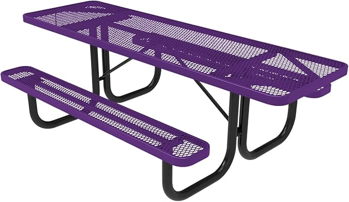 Coated Outdoor Furniture Heavy-Duty Portable ADA-Compliant Outdoor Picnic Table, Expanded Metal Patio Dining Furniture Made in America (8ft Rectangular, Both-Side Handicap, Purple)