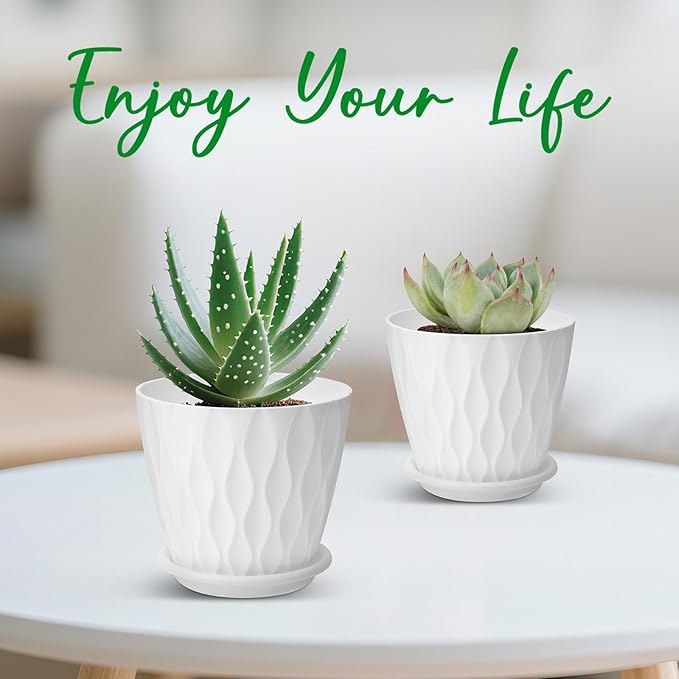 4 inch Plant Pots, 5 Pack Flower Pots Outdoor Indoor, Planters with Drainage Holes and Tray Saucers（White）