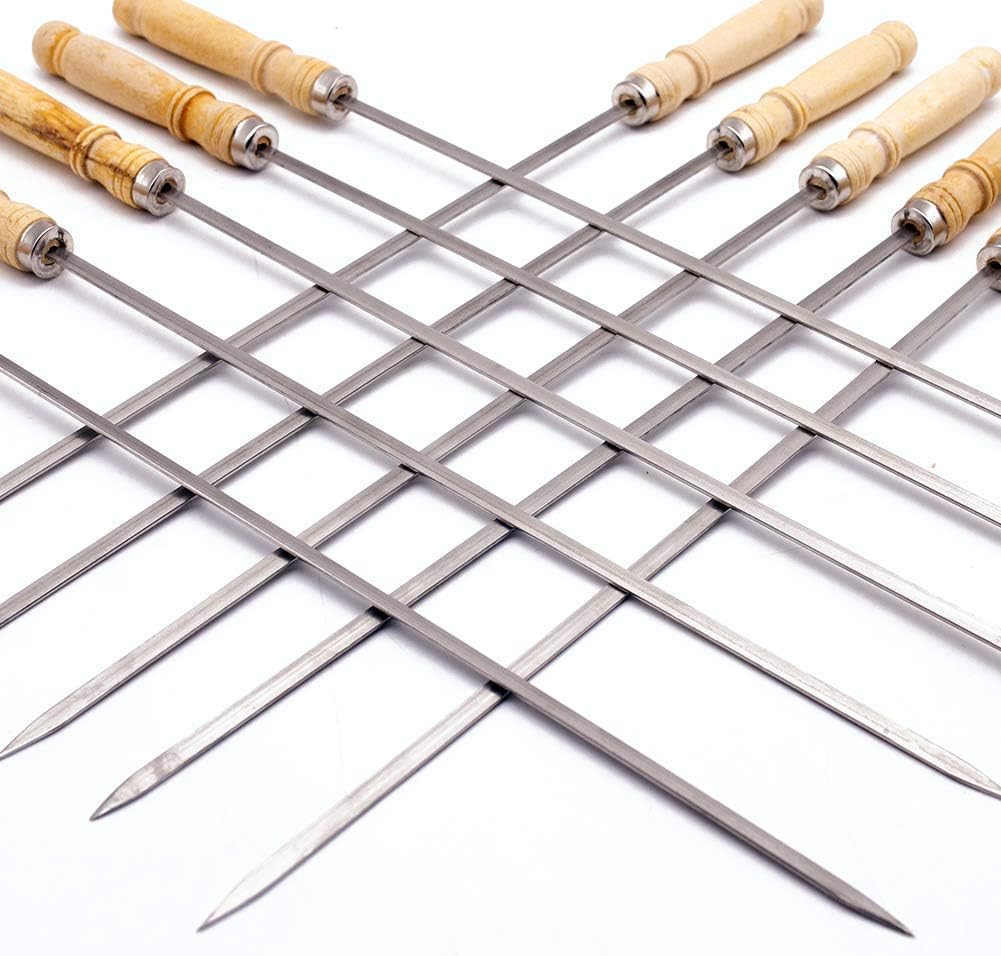 HAKSEN 16 inch Kabob Skewers with Wood Handle for BBQ Camping Cookware Campfire Grilling Cooking, Stainless Steel, 10PCS