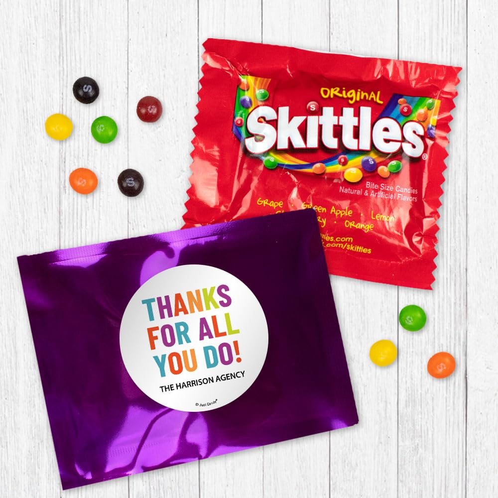12 Pack Thanks For All You Do Personalized Candy Favor Bags Filled With Coated Fruit Chew Minis For Corporate Favors, Event Giveaways, Thank You Gifts