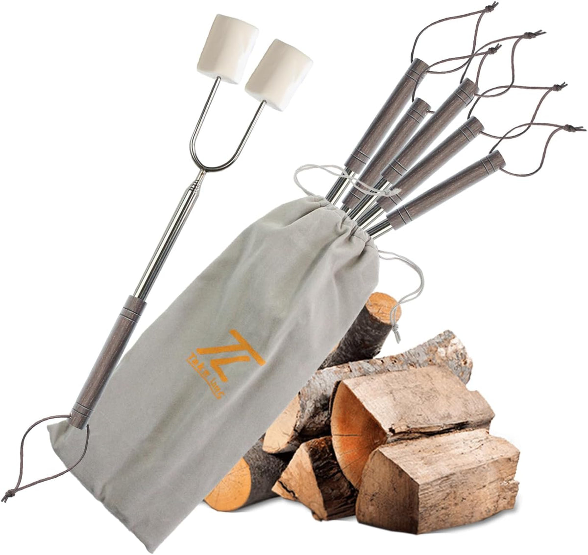 Marshmallow Roasting Sticks for Fire Pit with Wooden Handle, 41 Inches Long, Telescoping SUS304 Stainless Steel Marshmallow Skewers, Extendable Hog Dog Campfire Roasting Sticks, Camping Accessories