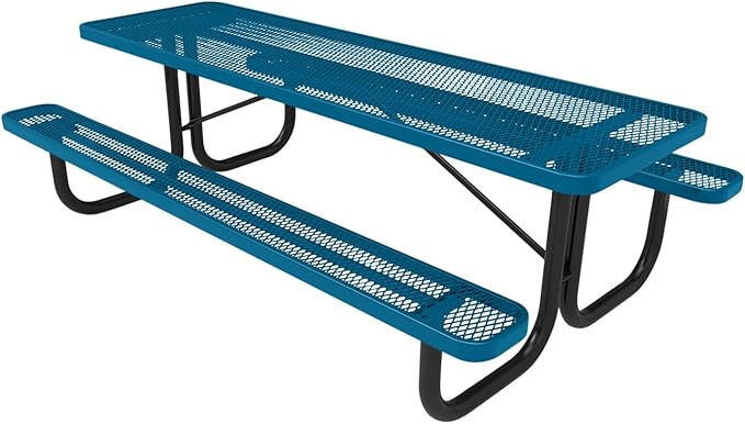Coated Outdoor Furniture Heavy-Duty Portable Outdoor Picnic Table, Thermoplastic Coated Expanded Metal Commercial-Grade Patio Dining Furniture Made in America (8ft Rectangular, Light Blue)