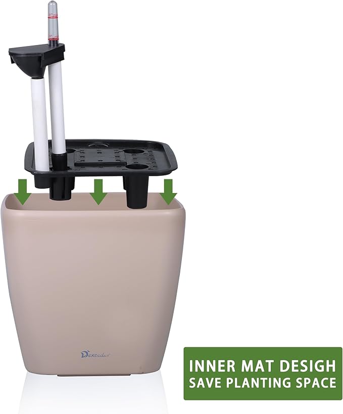 Dexceder 9x8 Self Watering Planter Indoor Outdoor, Inner Mat Design, Thickened Table Flower Plant Pot with Water Level Indicator (Taupe Matte)