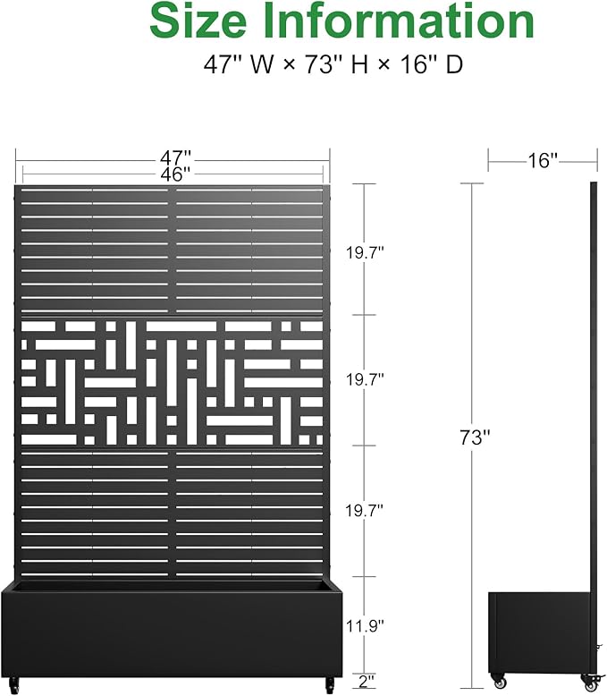 Casaphoria Metal Raised Garden Bed with Trellis and Wheels, 72"x47"x16" Planter Box for Climbing Plants, Vegetables & Vines, Features Drainage Holes and Privacy Screen, Black(Louvered&Helen)