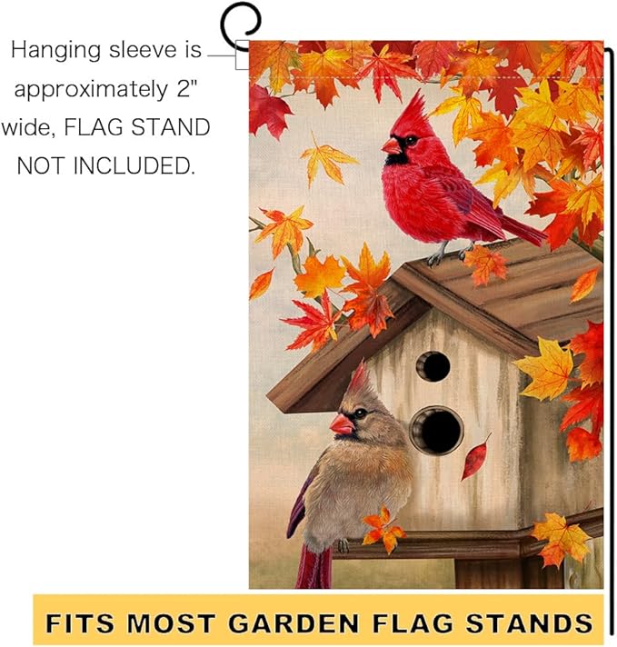 BLKWHT Fall Cardinal Bird Garden Flag 12x18 Vertical Double Sided Maple Leaves Welcome Autumn Thanksgiving Holiday Outside Decorations Burlap Yard Flag BW829