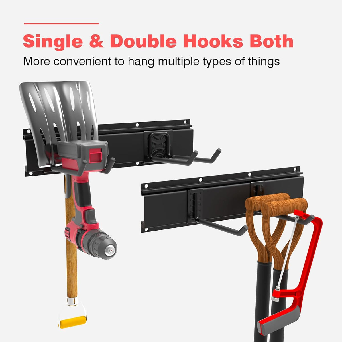 Wall-Mounted Garage Tool Organizer: 64 Inch Heavy-Duty Garden Rack & Wall Storage System - 4 Rails 10 Non-Slip Hooks for Folding Chairs, Ladders & DIY Tools