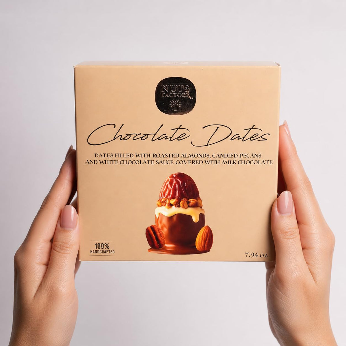 Nuts Factory Chocolate Dates - Milk Chocolate Covered Dates with Roasted Almonds, Candied Pecans & White Chocolate Sauce, Gourmet Stuffed Dates