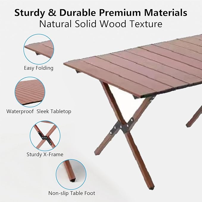 Folding Camping Table, 48Inch Lightweight Roll-Up Table Aluminum Low Portable Picnic Table with Carrying Bag for Outdoor, Beach, Picnic, Backyards, BBQ and Party Walnut Color
