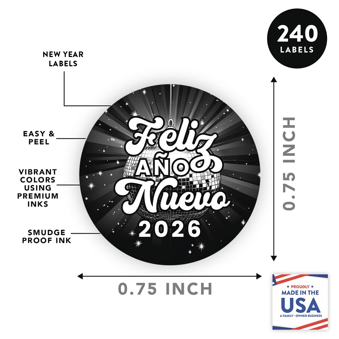 Andaz Press Disco Ball Retro Feliz Año Nuevo Chocolate Drop Labels, Spanish Happy New Year Stickers 2026 for New Years Party Favors 2026, Fits Kisses