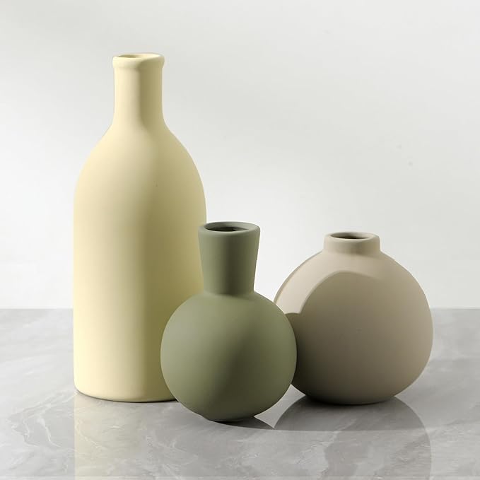 Vase Set of 3, Ceramic Vases Home Decor Flower Decorative Table Decor Vase Pottery Neutral Vases for Tray Table Mantel Living Room Kitchen Bedroom Bathroom Entryway -Light Color
