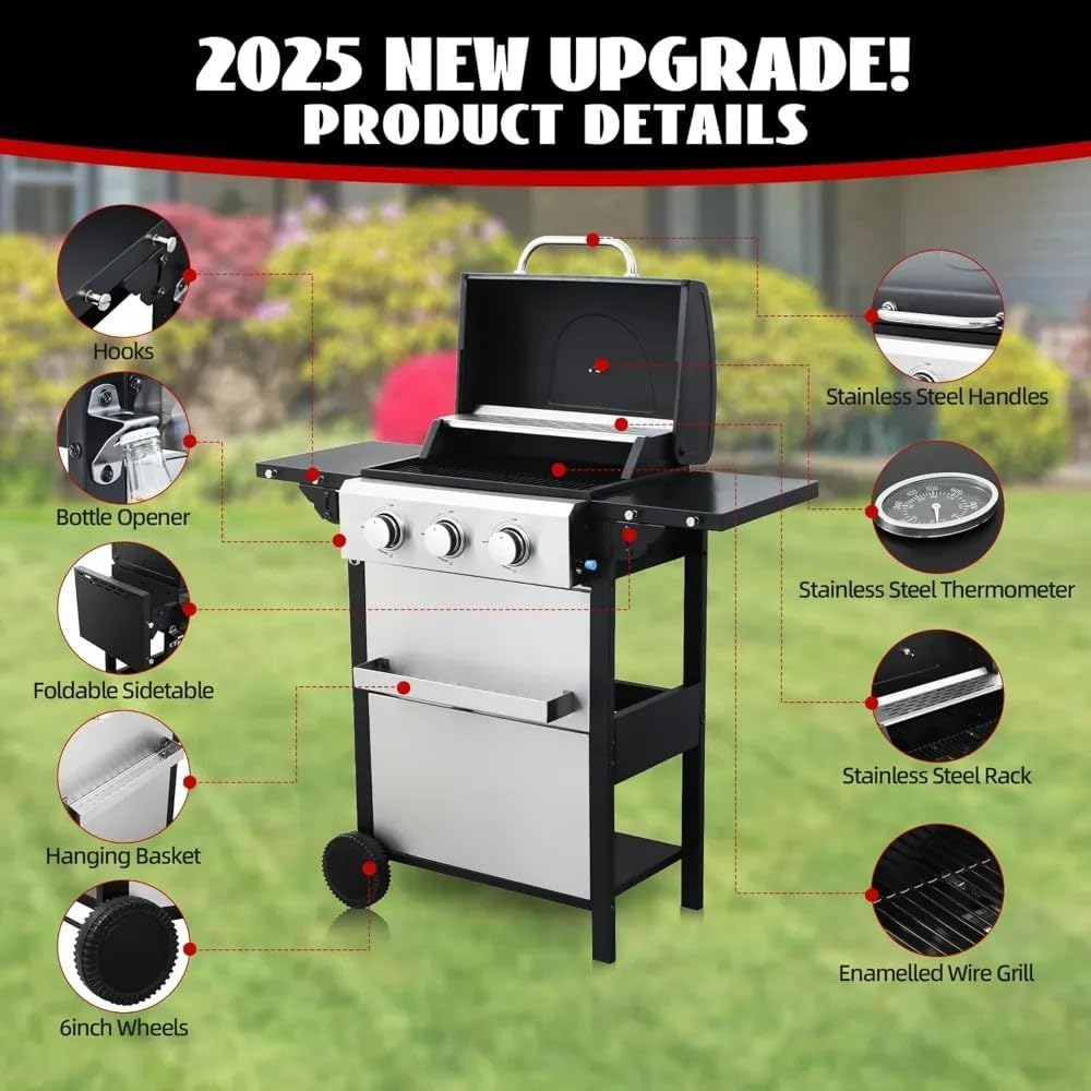3-Burner Propane Gas Grill, 25,650 BTU Outdoor BBQ Grill with Stainless Steel Warming Rack, Enameled Cooking Grids, Built-in Thermometer & Foldable Side Tables - Portable Design with 6" Wheels