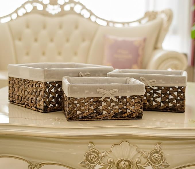 Rectangular Woven Seagrass Storage Bins with Handle,Kingwillow. (water hyacinth, Medium)