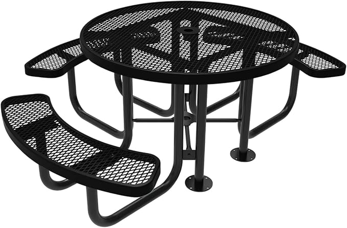 Heavy-Duty Portable Outdoor Picnic Table with Umbrella Hole, Expanded Metal Patio Dining Furniture Made in America (46" Round Top, Textured Black)