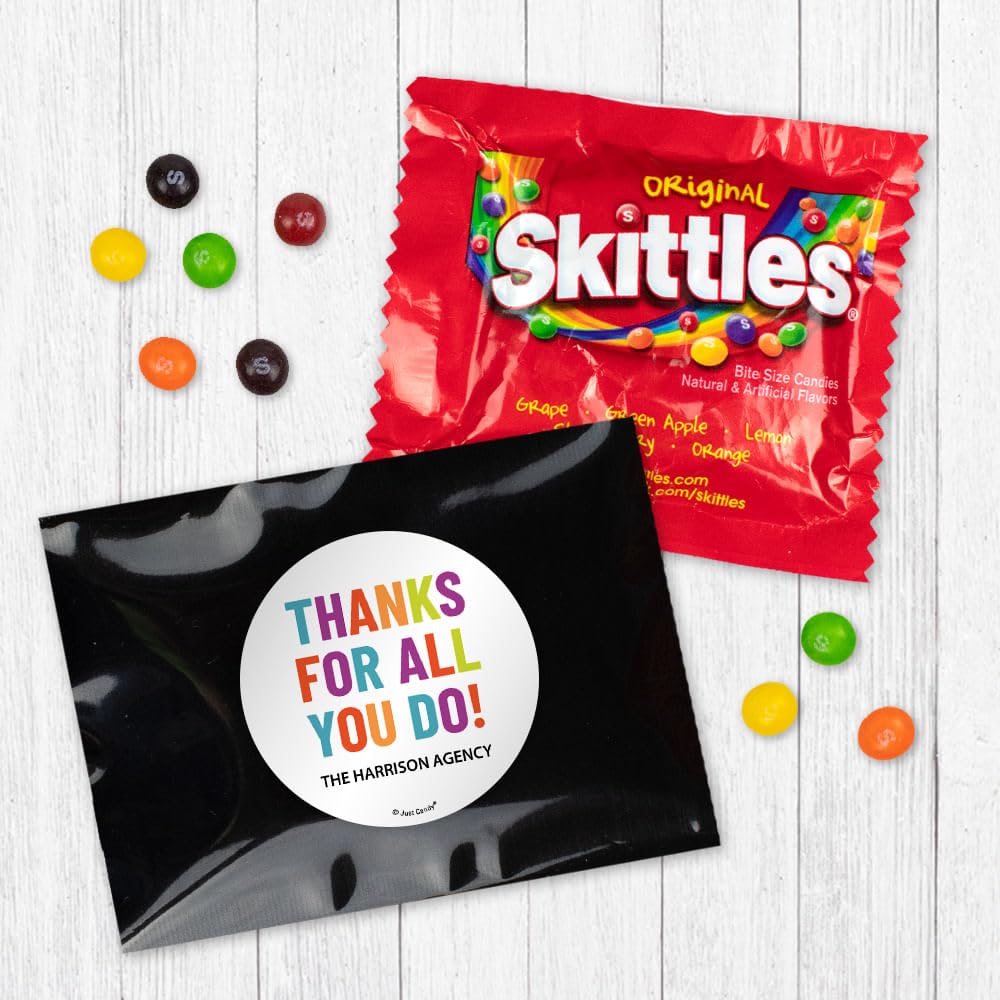 24 Pack Thanks For All You Do Personalized Candy Favor Bags Filled With Coated Fruit Chew Minis For Corporate Favors, Event Giveaways, Thank You Gifts