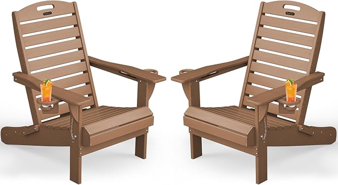 Adirondack Chairs Set of 2, Outdoor Fire Pit Chairs, HDPE All-Weather Adirondack Chairs with Cup Holder, Lawn Chair for Deck, Patio, Garden (Teak)