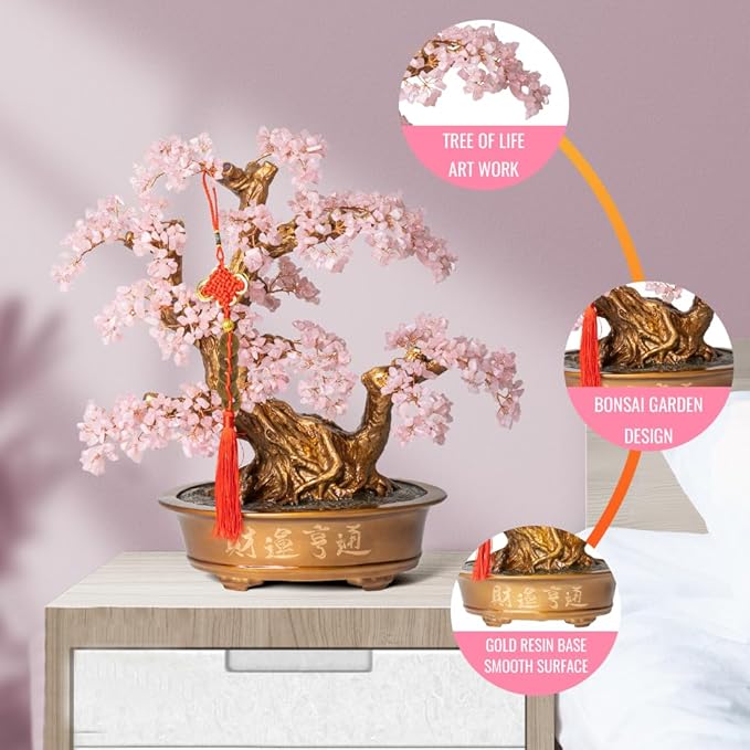 Natural Rose Quartz Gemstone Crystal Bonsai Tree of Life（1,350 Gemstone Count） Large Feng Shui Money Chakra Tree for Luck and Wealth Decoration 20 Inches