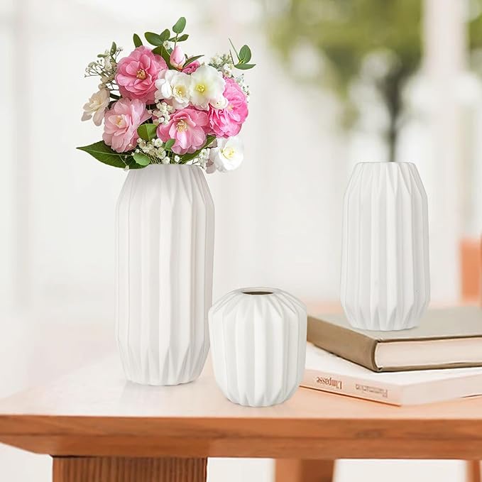 Ceramic Vase Set of 3, White Vase for Modern Home Decor, Decorative Vases for Bouquet Pampas Grass Dried Flowers, Living Room, Bedroom, Bathroom, Shelf Centerpiece Table Decorations