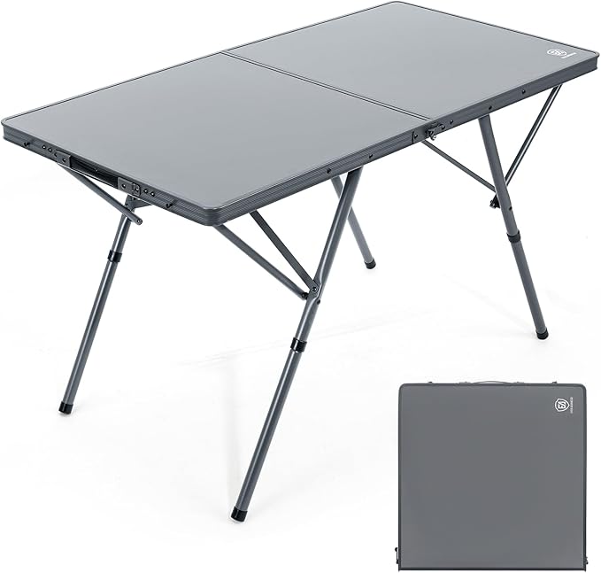 EVER ADVANCED Large Camping Table for 4-6 Person, Portable Folding Aluminum Table with Carrying Handle, Suitable for BBQ, Picnic, Camping and Indoor Use, Support up to 130LBS, Gray