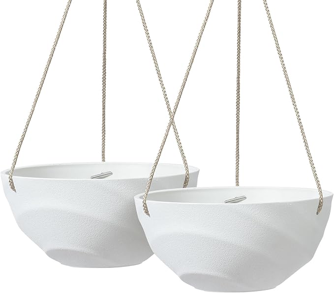 La Jolie Maison 10 Inch Hanging Planters for Indoor Plants, Outdoor Garden Planter Pots with Self-Watering Tray, Eggshell White, Set of 2