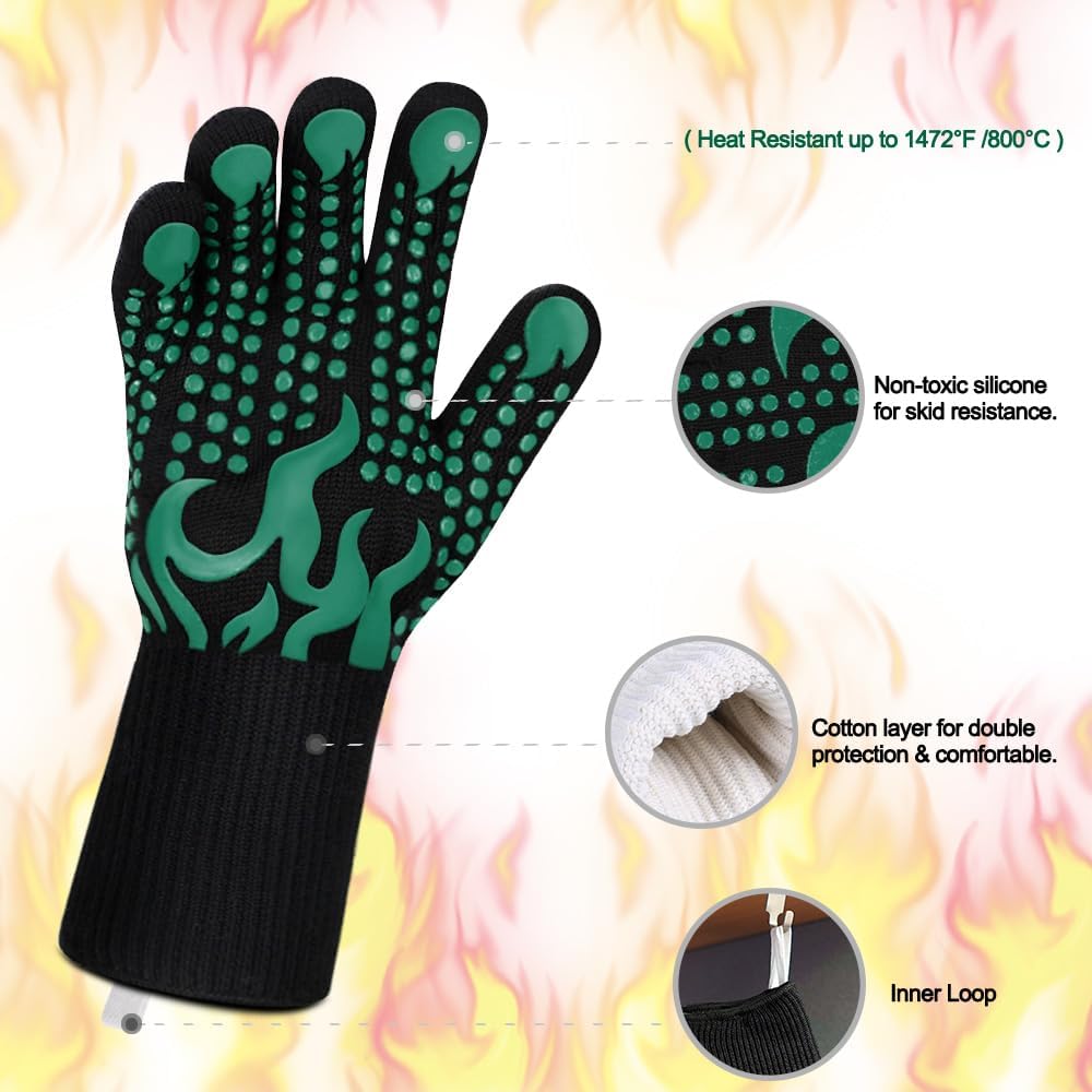 Comsmart BBQ Gloves, 1472°F Heat Resistant Grilling Gloves Silicone Non-Slip Oven Gloves Long Kitchen Gloves for Barbecue, Cooking, Baking, Short, Green