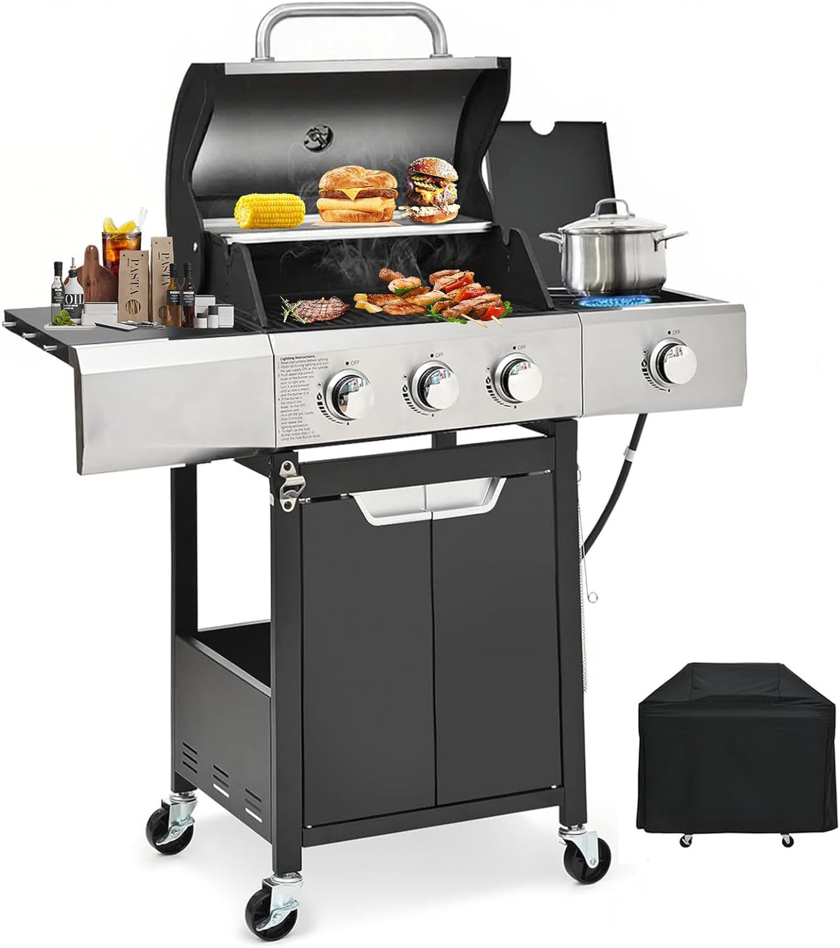3-Burner Propane Gas Grill with Side Burner, 40,500 BTU Stainless Steel BBQ - Easy Assembly & Grease Management for Patio, Backyard, Camping (3+1Burner)
