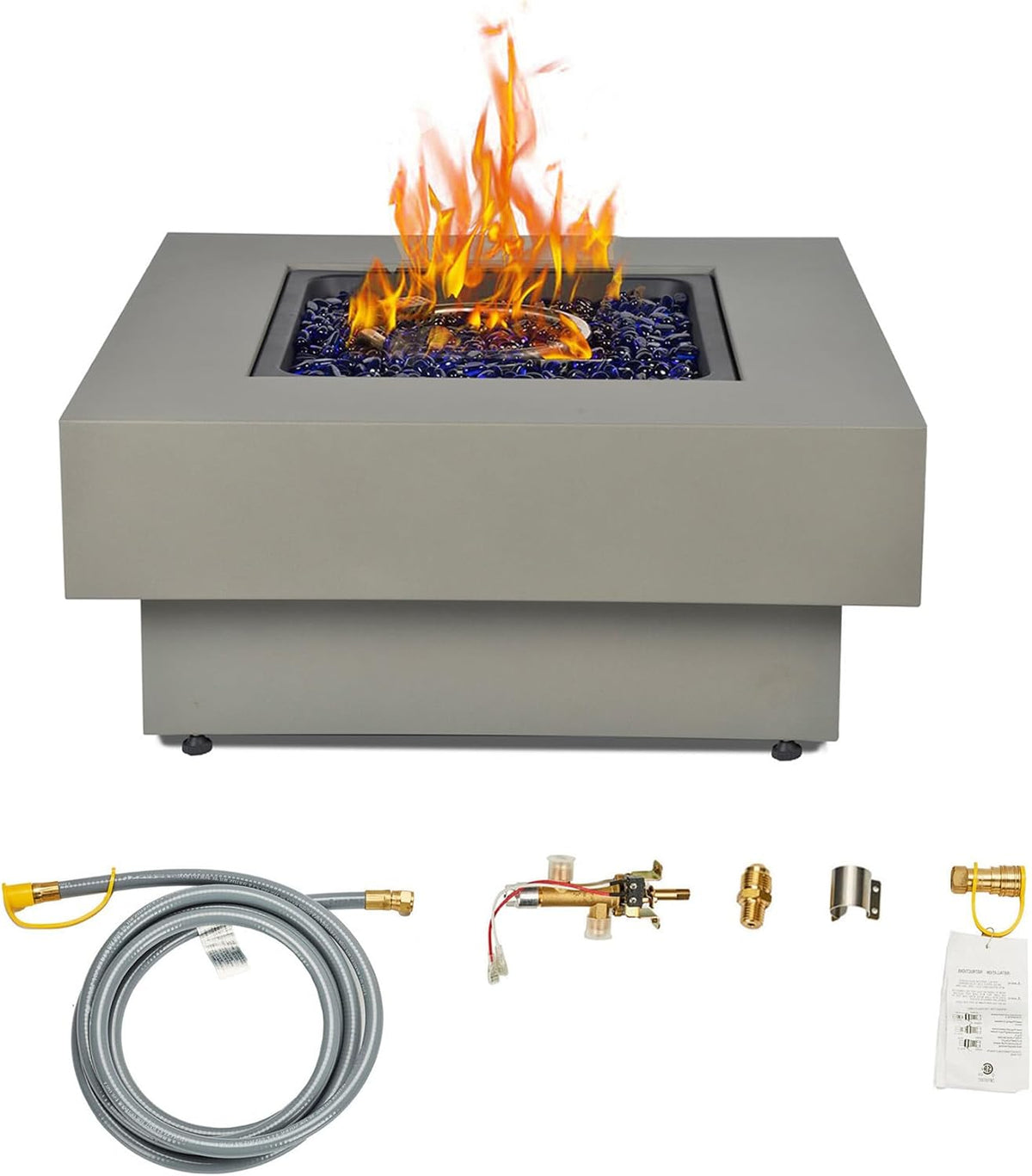 32.5-inch Fire Table with Natural Gas Conversion Kit, 50,000BTU Outdoor Modern Patio Fire Pit Table w/Square Burner Lid, Glass Rocks, Cover