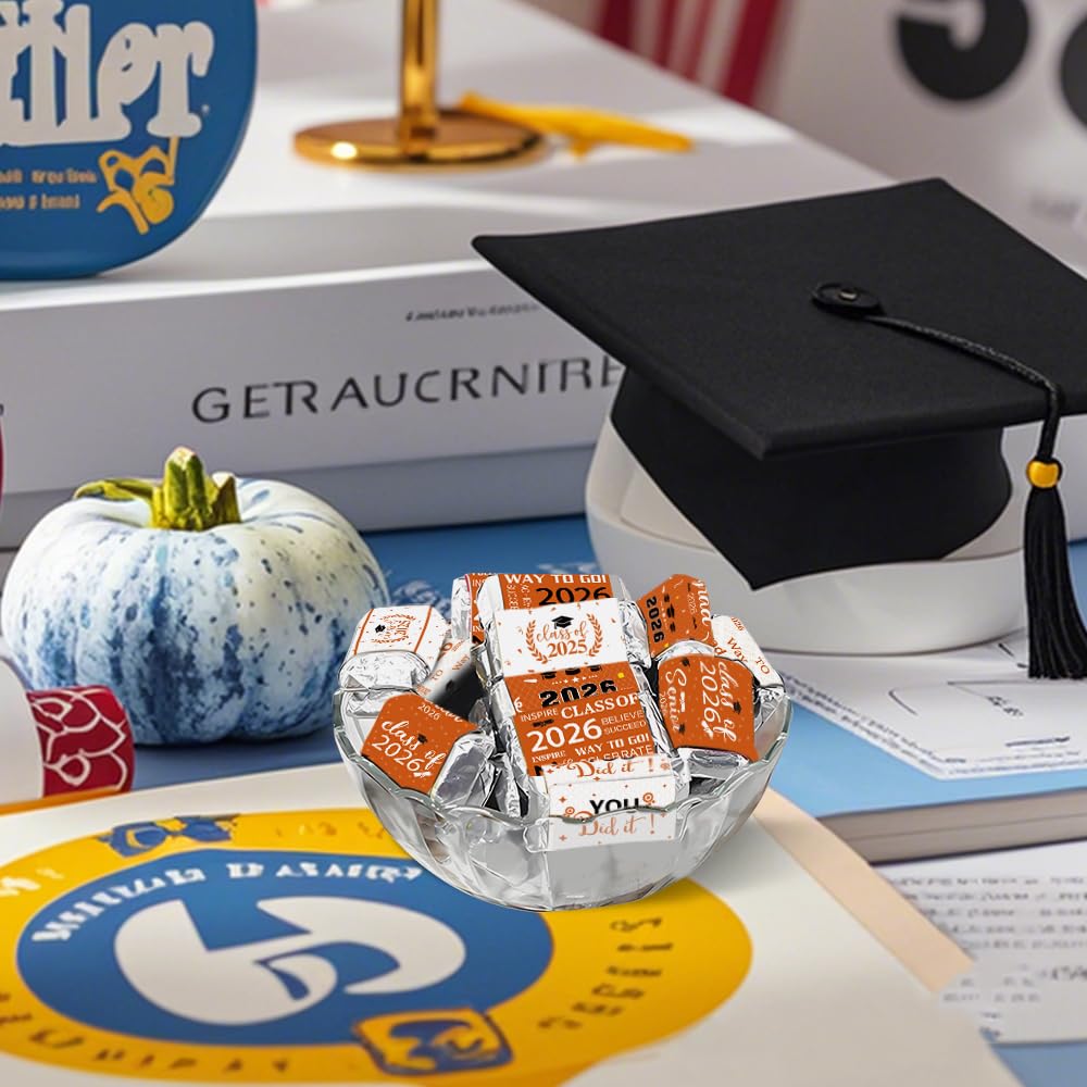 Graduation Party Decoration 2025 Graduation Label Stickers, 120PCS Congrats Grad Mini Orange Black Candy Wrapper Class Of 2025 Chocolate Bar Sticker